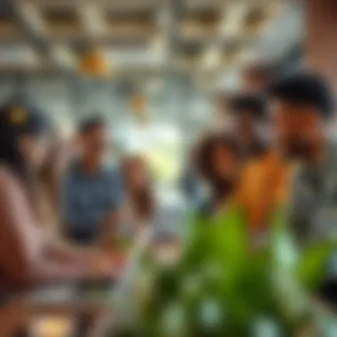 A diverse group of freelancers discussing ideas in a collaborative environment