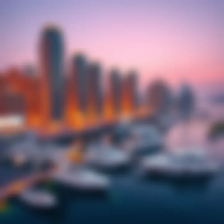 An overview of the Dubai Marina with yachts and skyscrapers