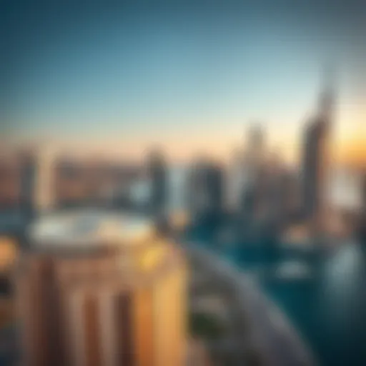 Panoramic View of Dubai's Iconic Skyline A panoramic view of iconic Dubai skyline with modern architecture