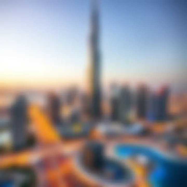 Panoramic View of Dubai Skyline Featuring Prism Tower Panoramic skyline view featuring Prism Tower as a centerpiece