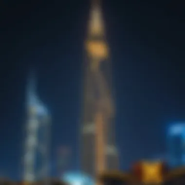 The Sarah Tower illuminated at night, enhancing the Dubai skyline