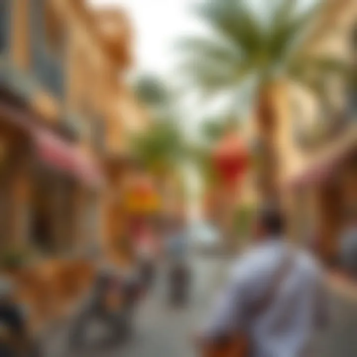 A vibrant street scene in Sharjah Al Nahda featuring local shops and cafes