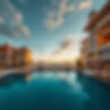 A panoramic view of a luxurious beach club at sunrise, showcasing its stunning architecture and serene surroundings.