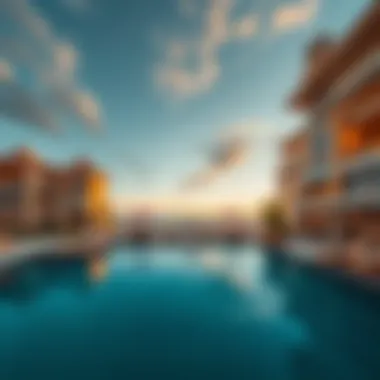 Luxurious Beach Club at Sunrise A panoramic view of a luxurious beach club at sunrise, showcasing its stunning architecture and serene surroundings.