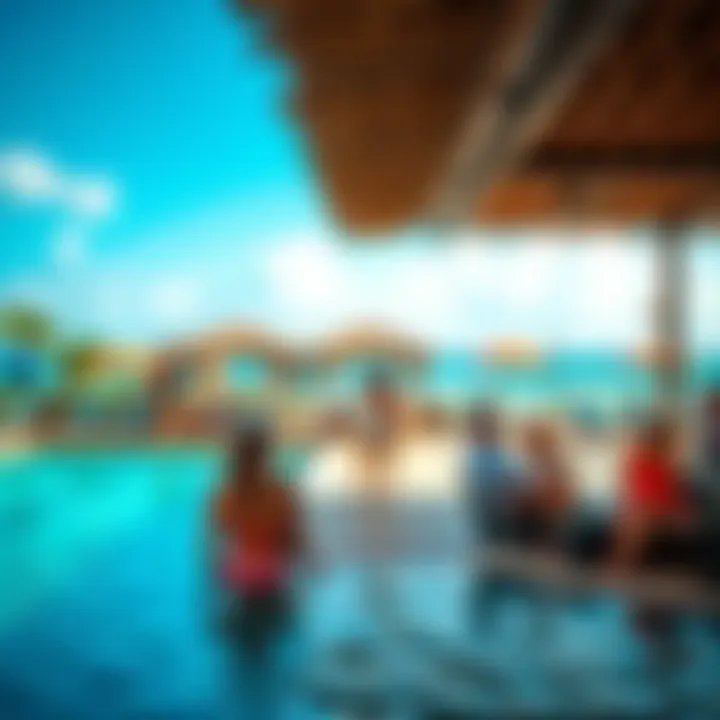 Vibrant Scene at the Beach Club A vibrant beach club scene with guests enjoying various amenities like pools, private cabanas, and beach activities.