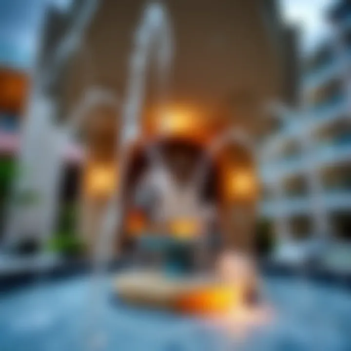 Close-up of the fountain's architectural details, highlighting its modern design elements