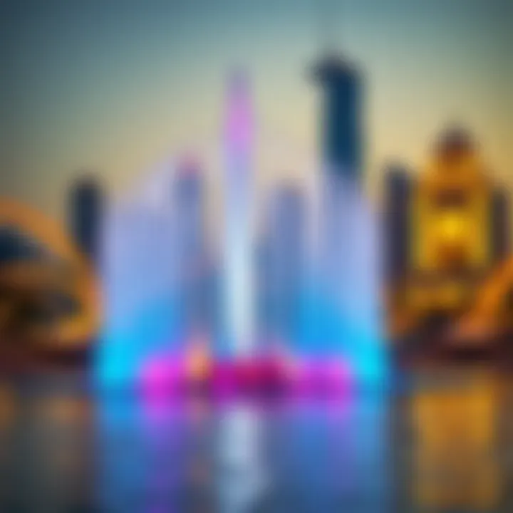 Evening scene of the fountain illuminated with colorful lights against the Dubai skyline