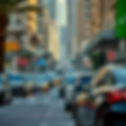 A bustling street in Dubai on Free Parking Day, showcasing vehicles parked freely