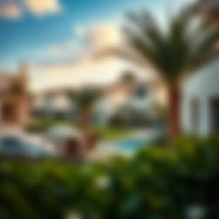 A picturesque view of luxurious villas and green spaces in a Dubai community