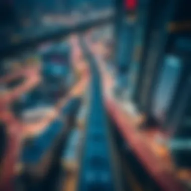 Aerial view of Dubai's metro system with skyscrapers