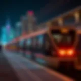 A stunning view of the Dubai Metro illuminated at night showcasing its modern design